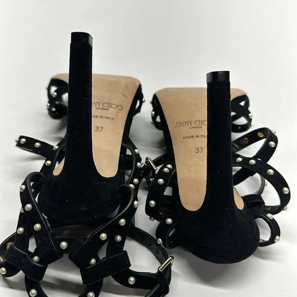 Jimmy Choo Beverly Caged High Heels Faux Pearl Studded Suede Black Size 37 7 - Picture 9 of 12